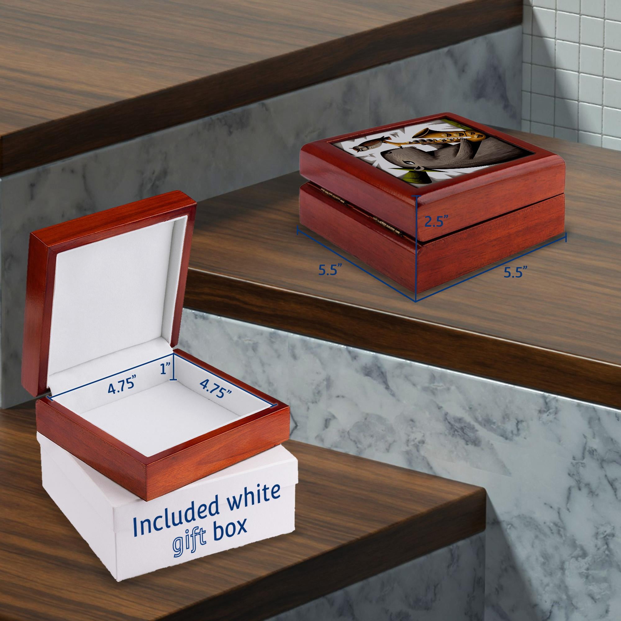 3dRose, Funny Cute Cool Capybara Playing Saxophone Music with Owl Abstract , Jewelry Box 5.5x5.5 inch with 4 inch tile