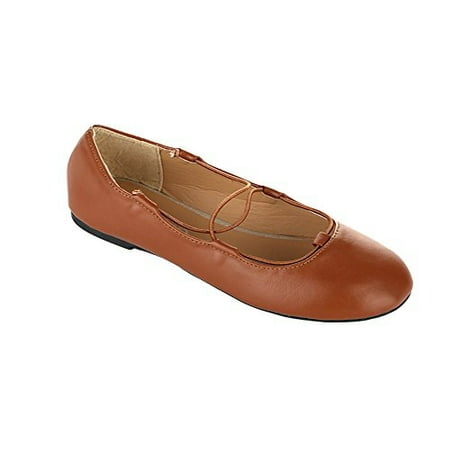 Girls Comfortable Tie Mary Jane Ballerina Flat (3 Kids, Cognac)