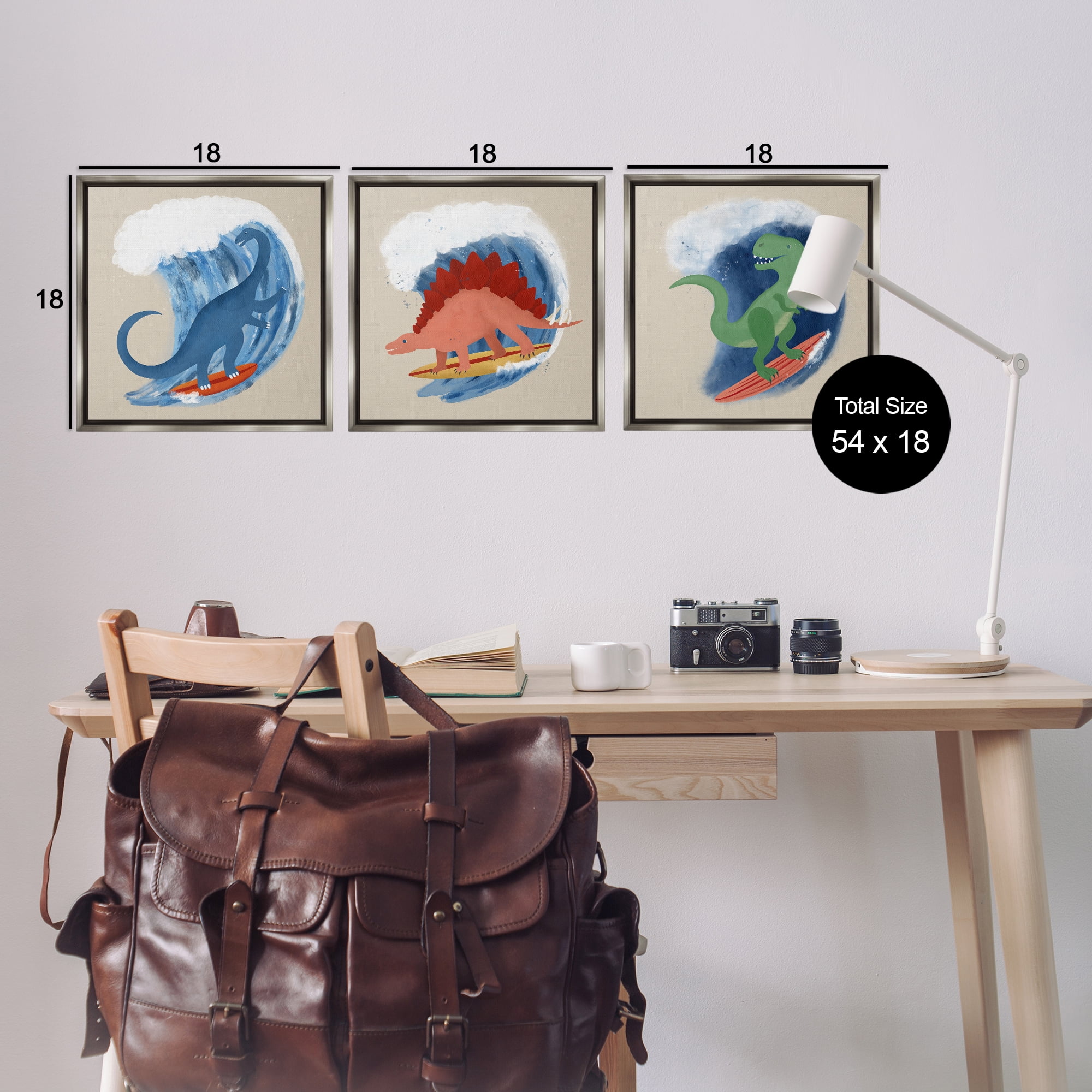Stupell Industries Dinos Surfing Beach Waves Animals Painting Gray Floater Framed Canvas Art Print Wall Art, 18 x 18, Set of 3