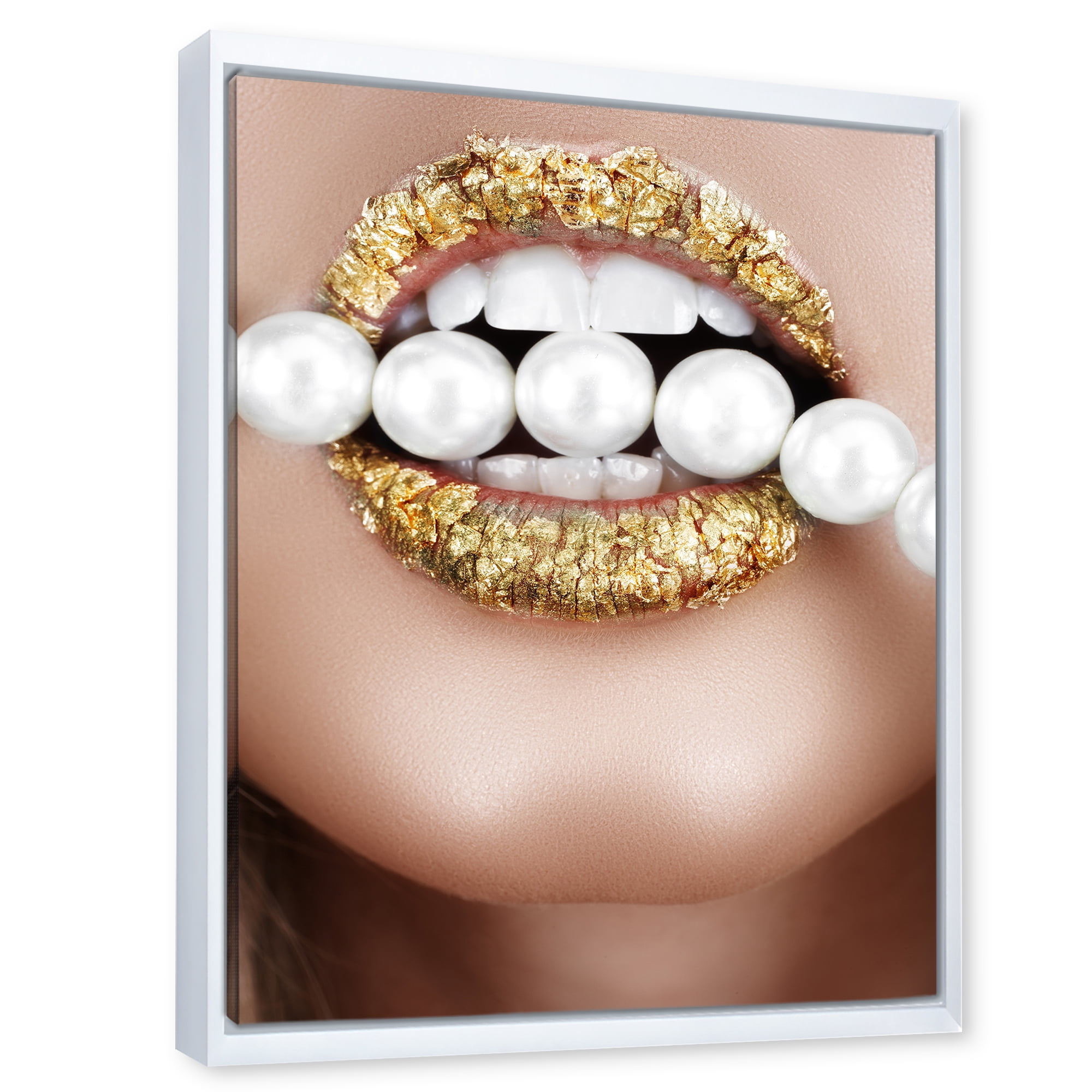 Designart 'Gold Leaf Lips Mouth With Pearls' Modern Framed Canvas Wall Art Print