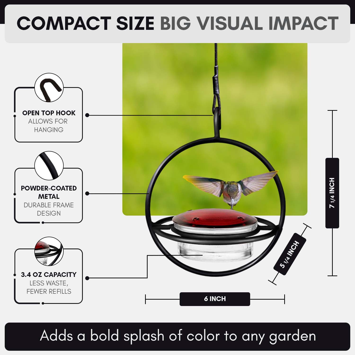 Mosaic Birds Recycled Glass and Metal Hummingbird Feeder for Outdoors - Hanging Bird Decor for Gardens - Black