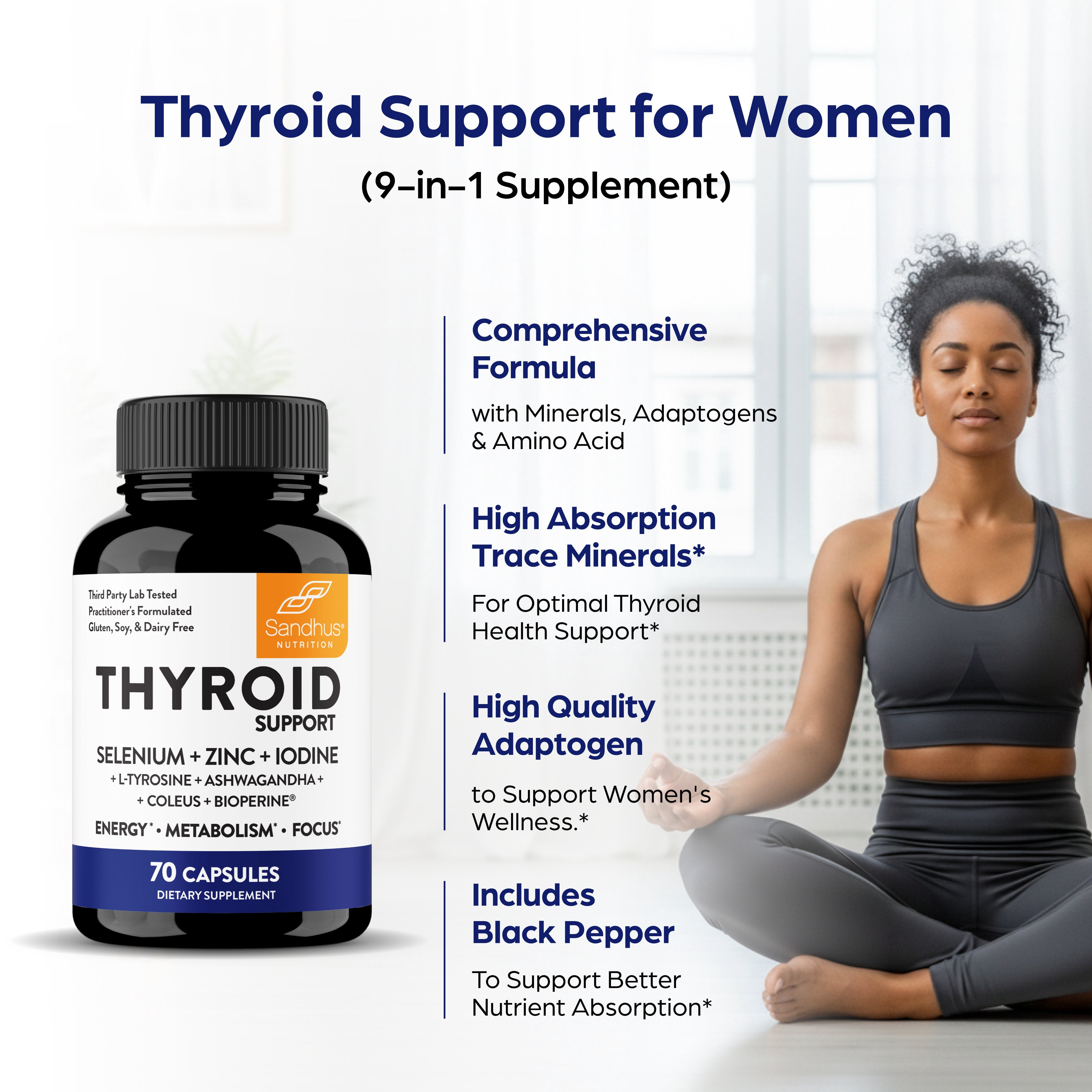 Sandhu's Thyroid Support Complex with Selenium, Zinc, Iodine, L Tyrosine, Ashwagandha | Pure Health Supplement for Women & Men |70 Count, 35 Days Supply