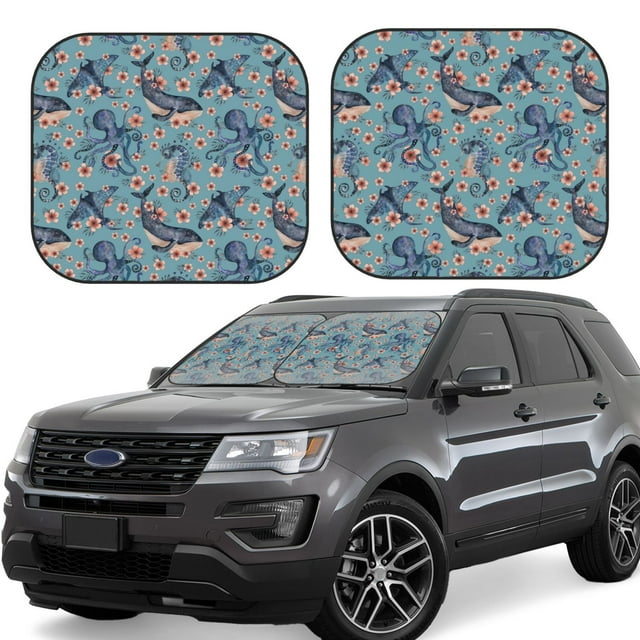 Saiise Underwater Animals and Flowers for Foldable Car Sun Shades (2-Pack) Offer Sun Protection with an Easy-fold Design for Convenient Windshield Shading-Medium