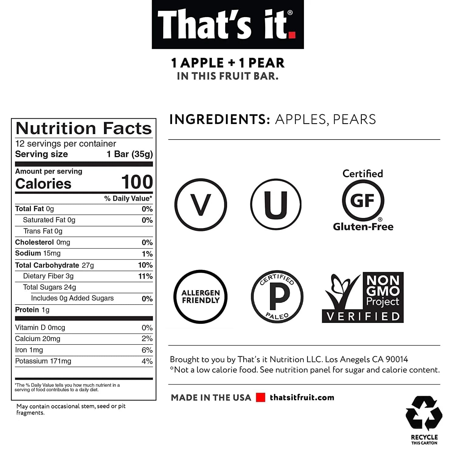 Thats It Apple and Pear Fruit Bar, 1.2 Ounce (Pack of 12)