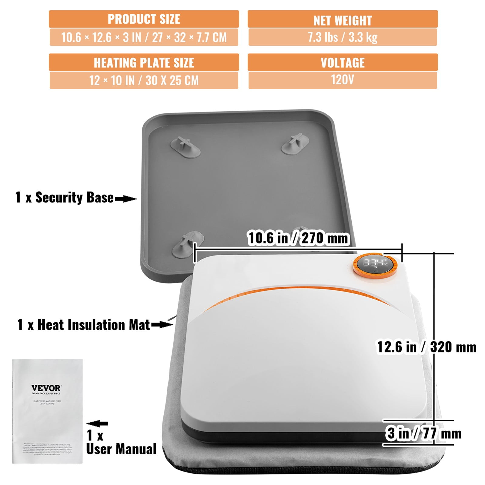 BENTISM Heat Press Machine 12" X 10", Portable Fast Heat-up Mini Easy Press with Timing Function & Insulated Base for Hat, Bags, Heating Transfer Projects, Orange