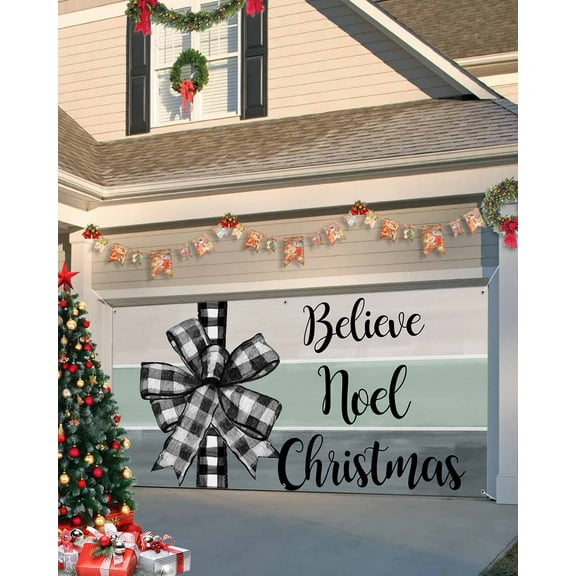 Garage Door Banner Cover 6 x 13 ft, Believe Noel Christmas Buffalo Plaid Bowknot Christmas Garage Door Decorations Holiday Christmas Backdrop Decor for Winter New Year Xmas Party
