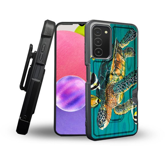 ANJ  Rugged Shockproof Holster Case Card Slot Kickstand   Tempered Glass Cover for Samsung Galaxy A03s - Tropical Sea Turtle