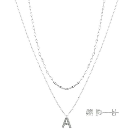 Believe by Brilliance Women's Fine Silver Plated Cubic Zirconia Initial "A" Pendant Necklace and Stud Earring Set, 16/18+2" Extender