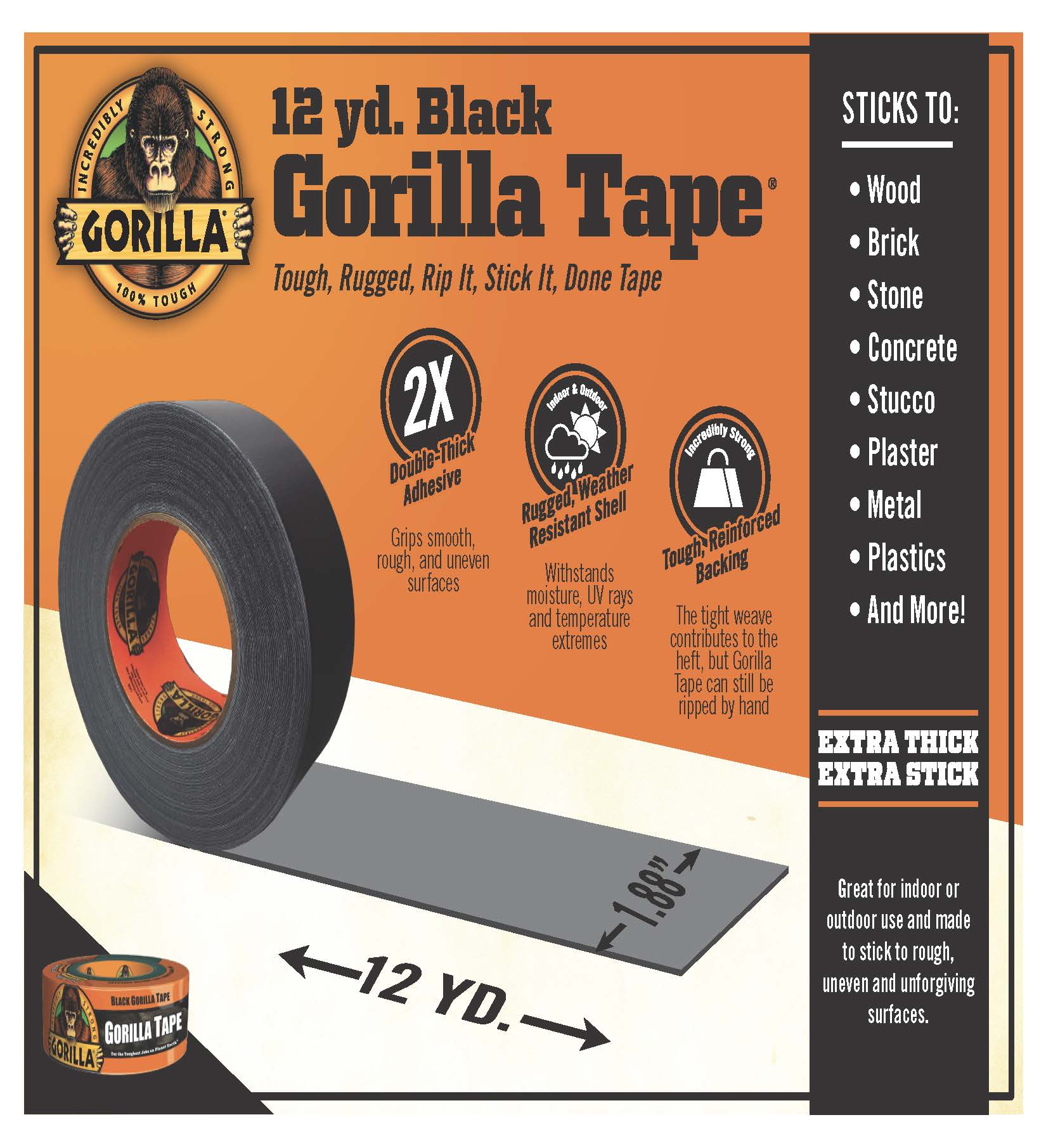 Gorilla Black Tape, 1.88" x 12 yd Roll - image 2 of 8