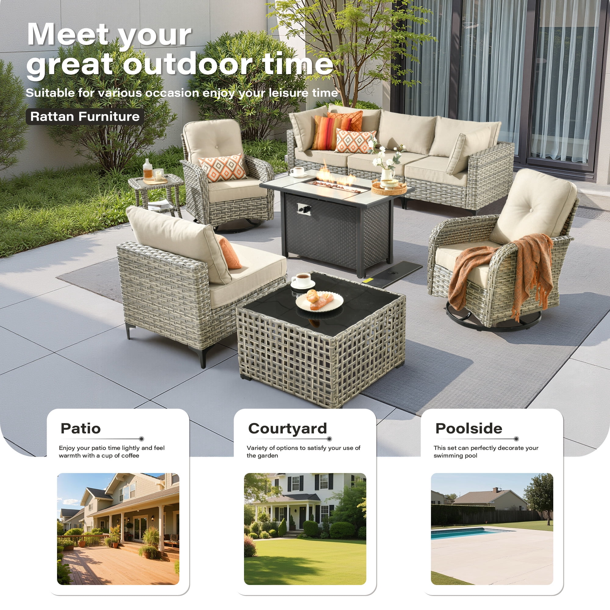 Toject 9 Pieces Patio Furniture Set All Weather Wicker Outdoor Conversation Set with 42" Fire Pit Outside Furniture Patio Sofa with Swivel Chairs & Solar Table, Beige