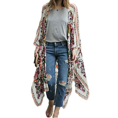 - Women Vintage Floral Loose Shawl Long Kimono Cardigan Boho Shirt Bikini Swimwear Cover Up S
