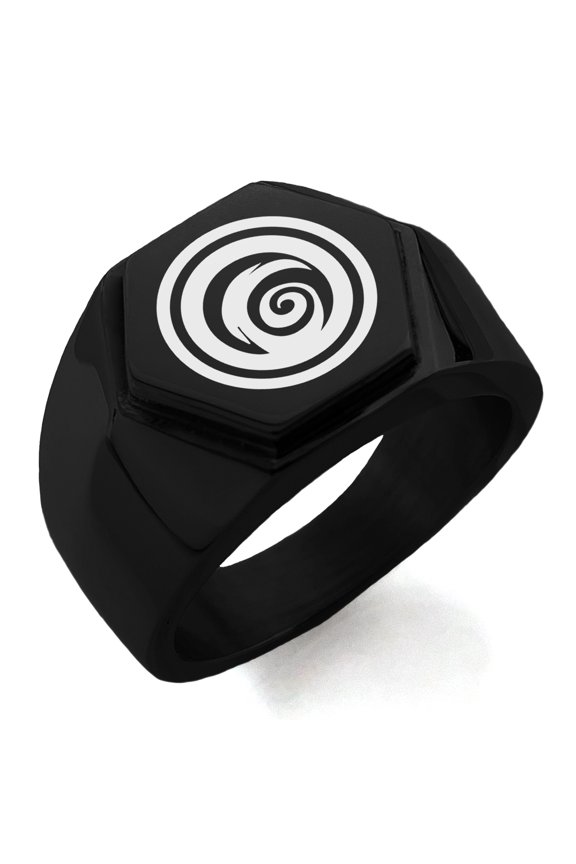 Stainless Steel Darkness Element Rune Engraved Hexagon Crest Flat Top Biker Style Polished Ring