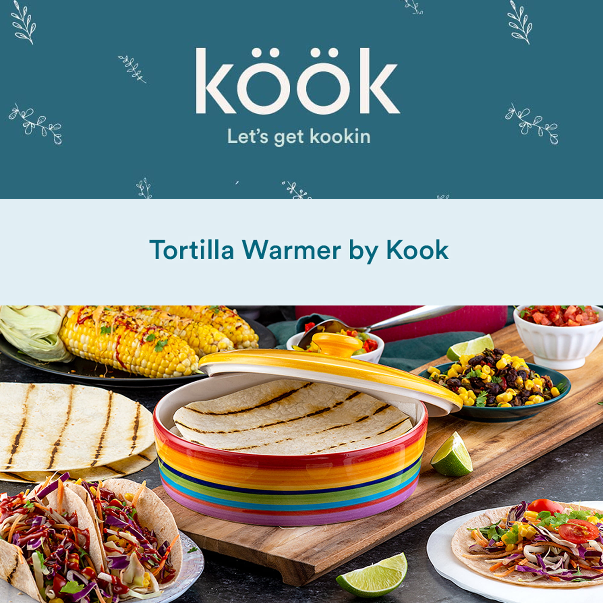 Kook Ceramic Tortilla Warmer with Lid, Blue, 8.5 inch