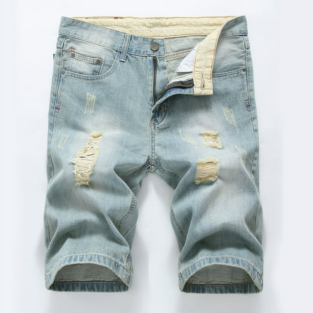 Meichang Men's Jean Shorts Big and Tall Classic Fit Regular Ripped Denim Shorts Straight Leg Distressed Denim Trunks Stretchy Motor Bike Jean Trunks with Pockets