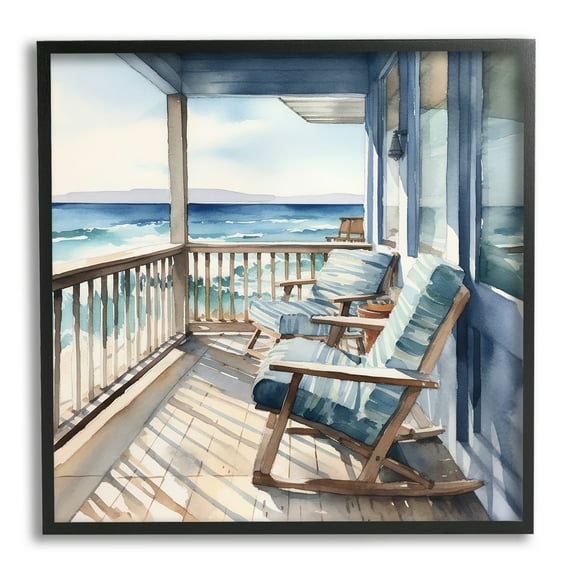 Stupell Industries Waterfront Beach View Landscape Painting Black Framed Art Print Wall Art, 12 x 12
