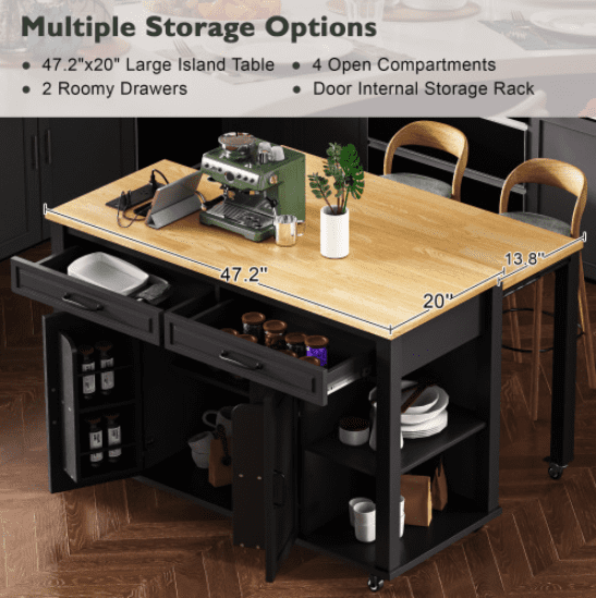 Euroco 47 inch Kitchen Island with Extendable Dining Table, Rubber Wood Veneer Kitchen Table with Internal Storage Rack