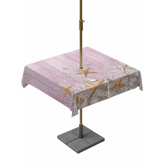 Outdoor Tablecloth with Umbrella Hole for Patio/Picnic/Party/Camping, Pink Starfish Coastal Waterproof Table Cloth Square Cover Washable, Summer Beach Shell Wooden (54"x 54")