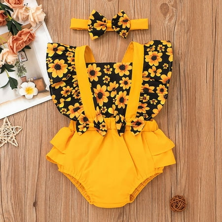 

PatPat 2pcs Baby Girl Sunflower Floral Print Splice Yellow Layered Sleeveless Ruffle Romper with Headband Set