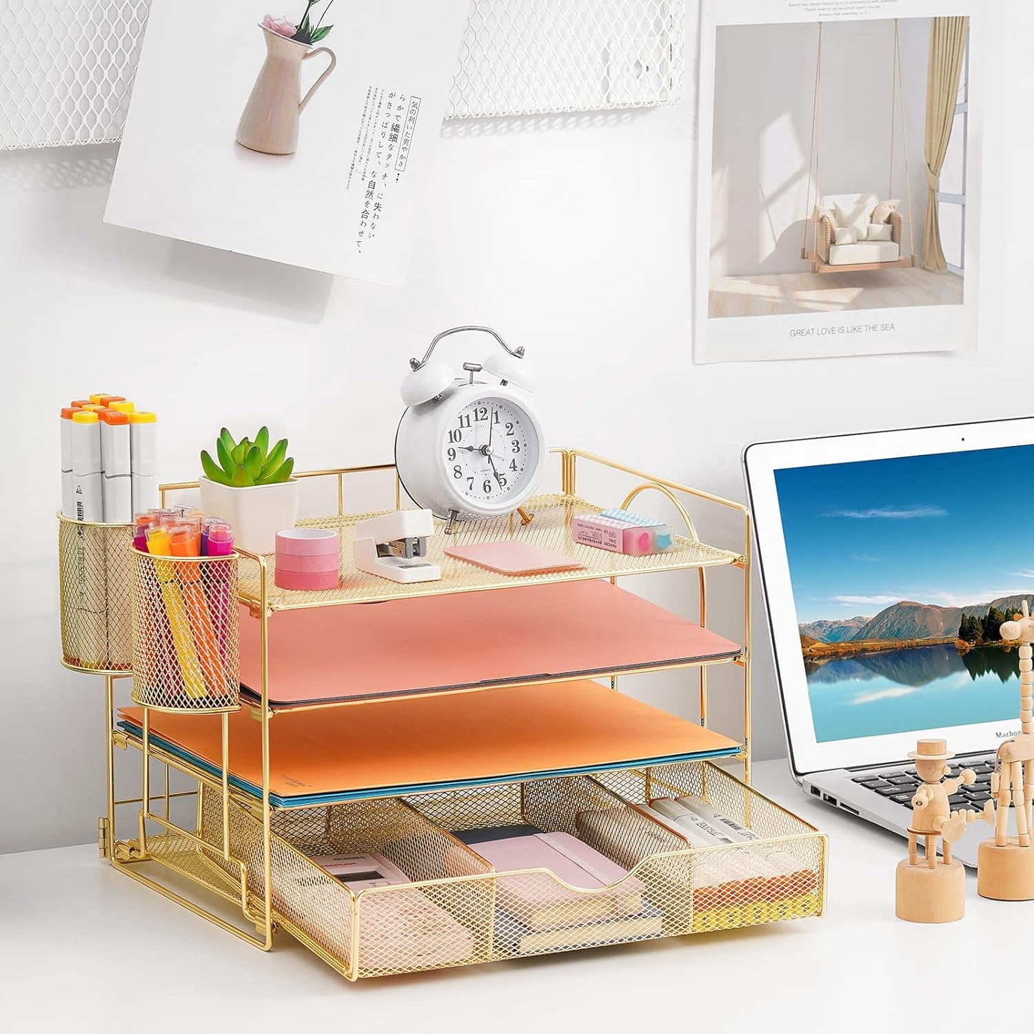 Paper Letter Tray Organizer with File Holder, 4-Tier Desk Accessories & Workspace Desk Organizers with Drawer and 2 Pen Holder for Office Supplies (Gold)