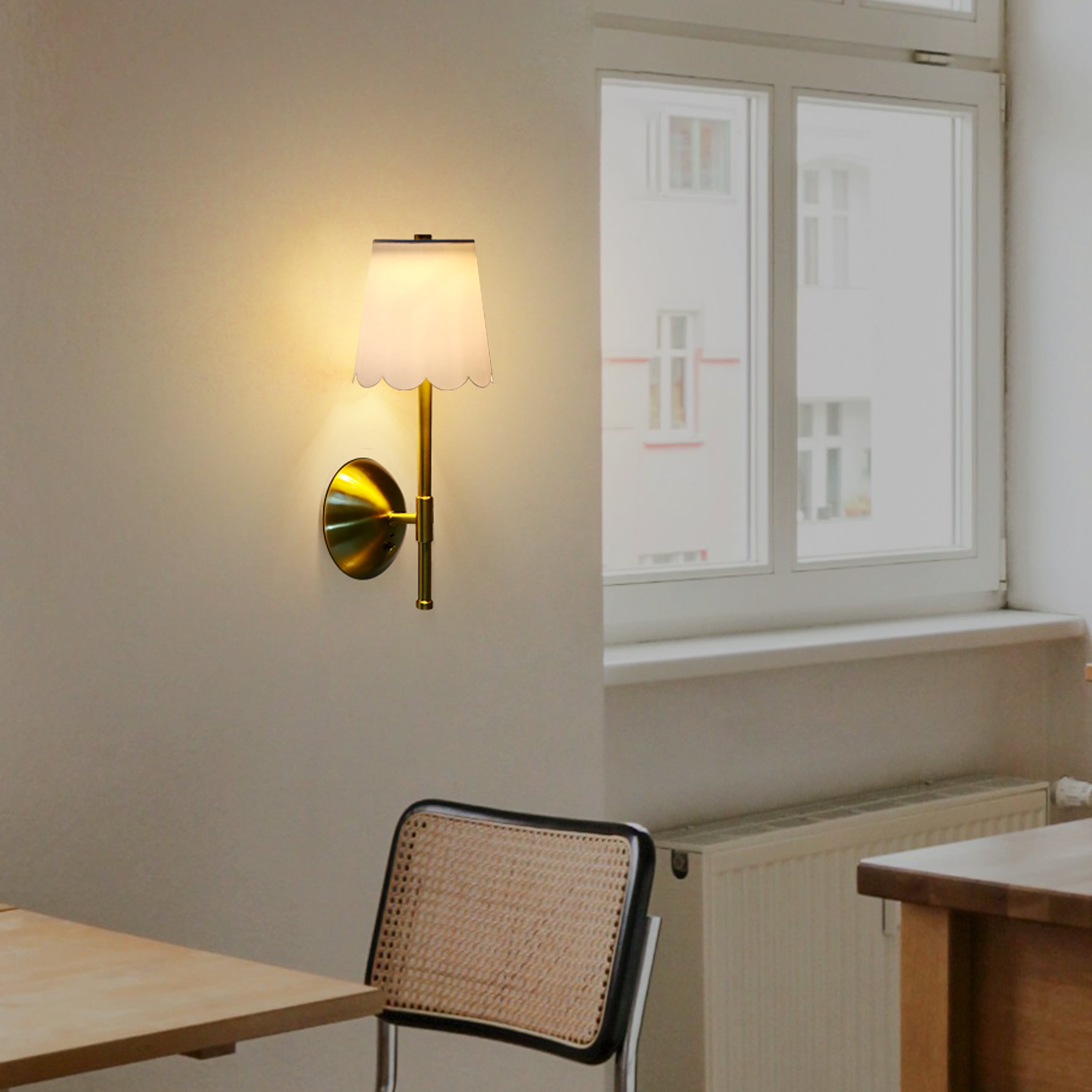 Sterling & Noble Cordless Brass Rechargeable Wall Sconce with Scalloped Fabric Shade and Remote