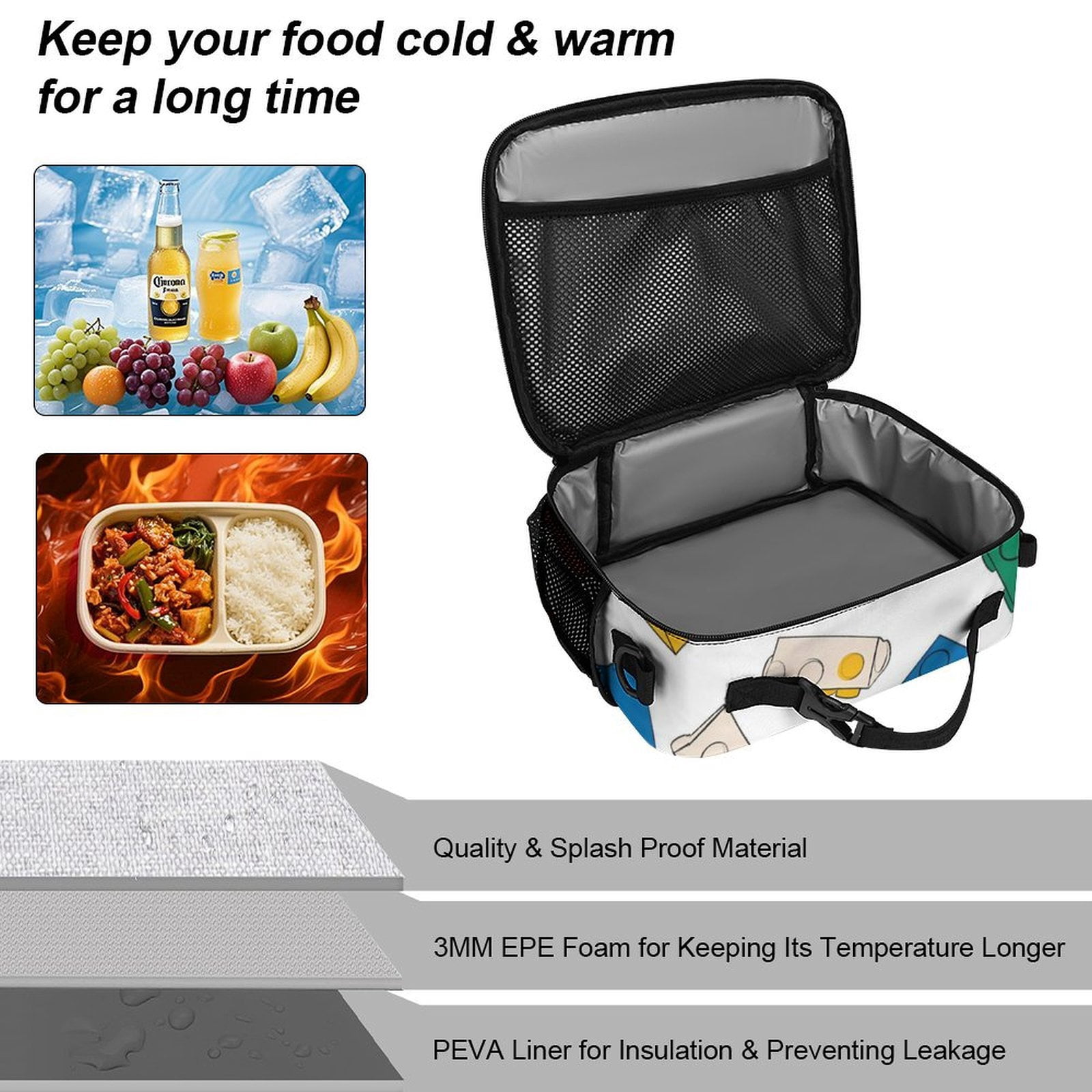 11.8×9.6in Large Capacity Rectangular Lunch Bag Durable Storage Convenient Thermal Insulation And Cold Pocket Design Multicolored Building Block (15)