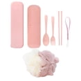 thumbnail image 1 of Juego de tubo de pasta de dientes, bola de baño, cuchara, tenedor y palillos para aventuras de campamento: organizador de cubiertos de viaje compacto de color rosa, 1 of 8
