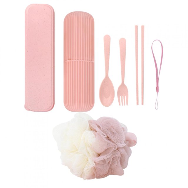 Juego de tubo de pasta de dientes, bola de baño, cuchara, tenedor y palillos para aventuras de campamento: organizador de cubiertos de viaje compacto de color rosa