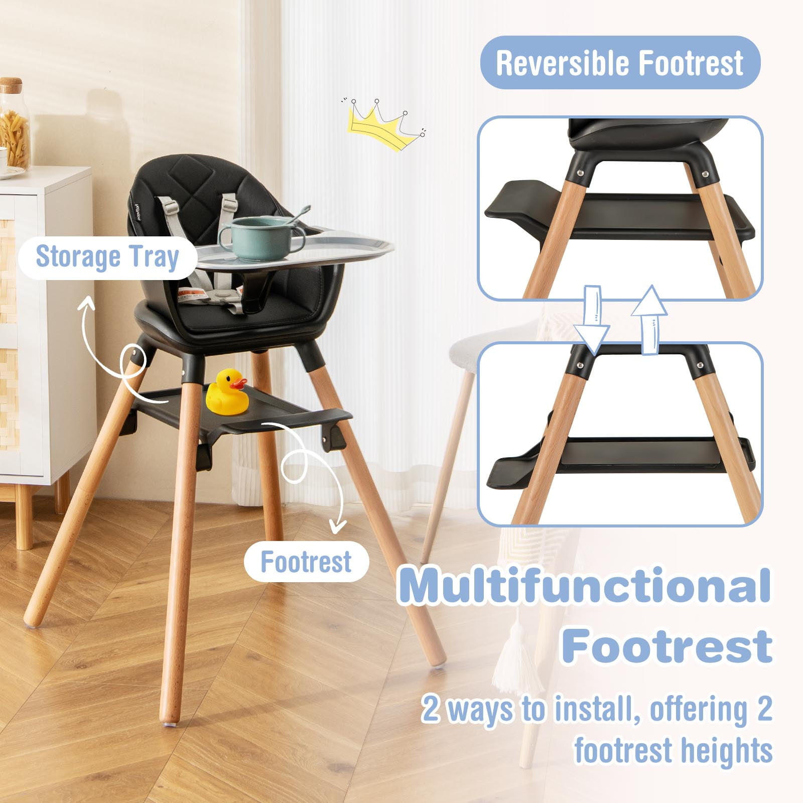 Costway 6-in-1 Convertible Wooden Baby Highchair Infant Feeding Chair with Removable Tray Black