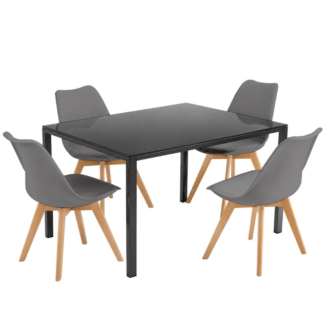 Comedor con Mesa en Vidrio Negro Moderna + 4 Sillas Tulip gris