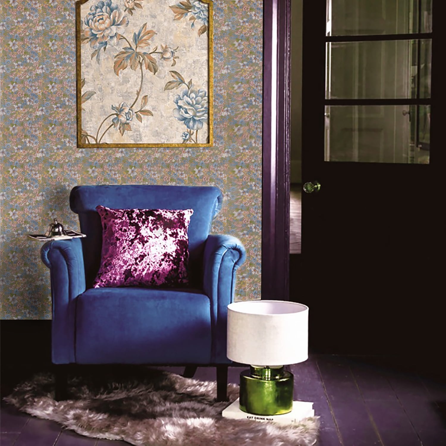 Dundee Deco Peel and Stick Self Adhesive Removable Wallpaper - Floral Printed Aegean Blue, White, Peach Pink Meadow Flowers , 18 ft x 18 in