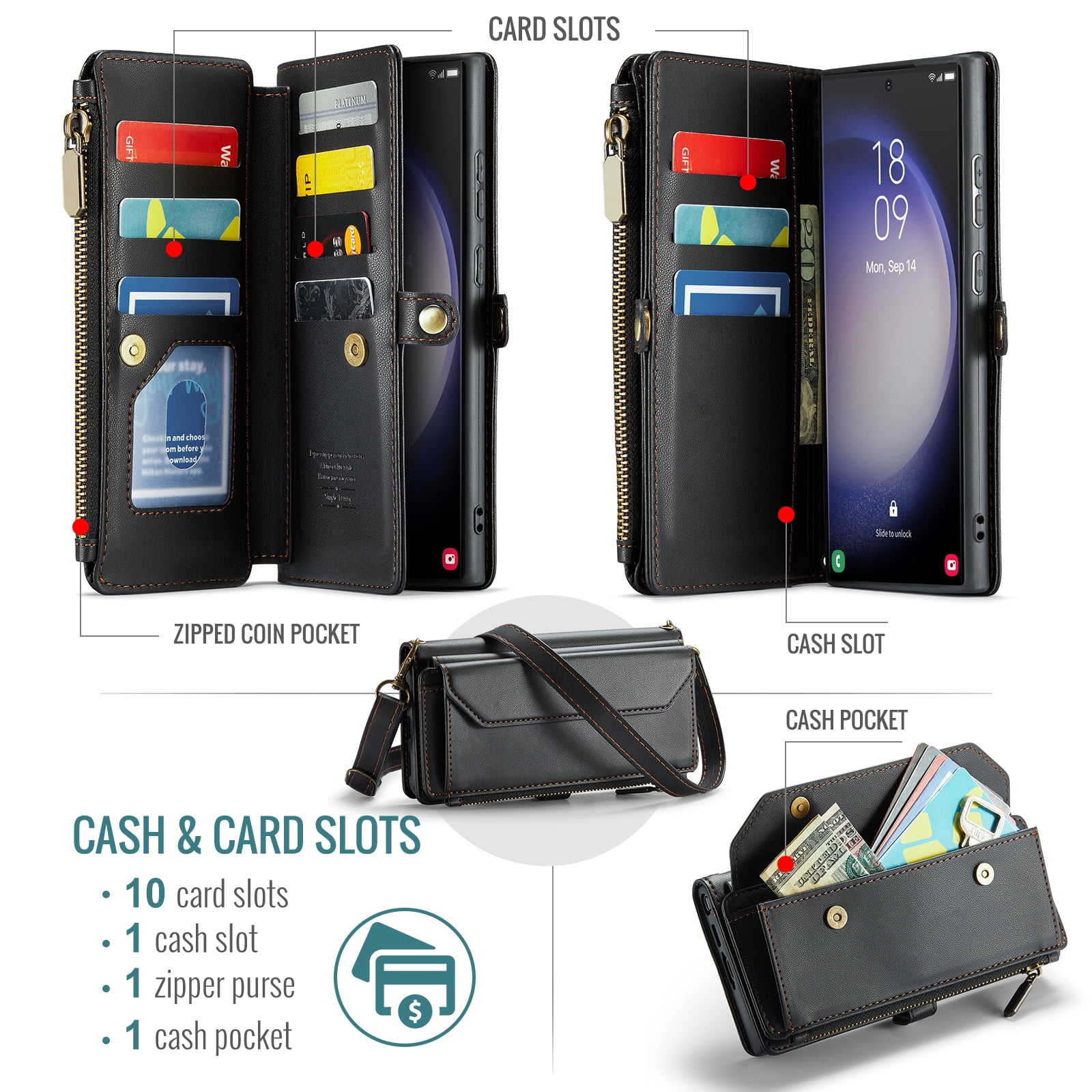 Compatible with Samsung Galaxy S23 Ultra 5G Zipper Wallet Phone Case Tempered Glass Screen Protector Crossbody Lanyard Strap Flip Card Holder Slot Cell Cover for S23Ultra 23S S 23 6.8 Women Black