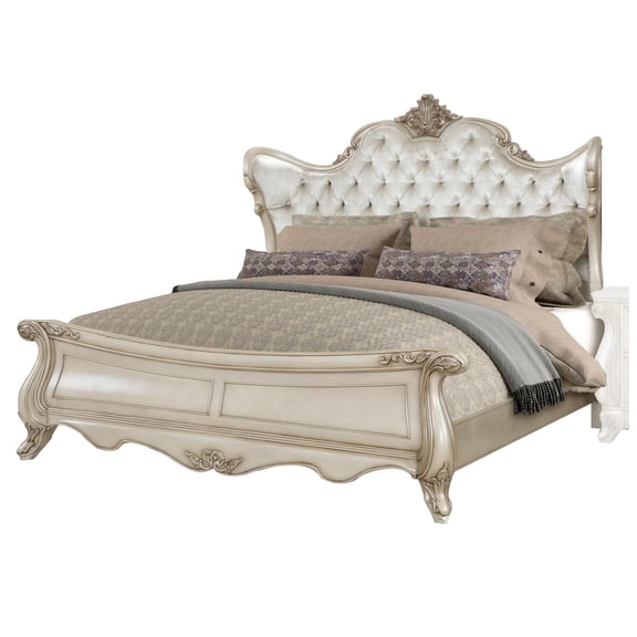 King Size Bed, Tufted Polyester Upholstery, Carved Wood, Champagne