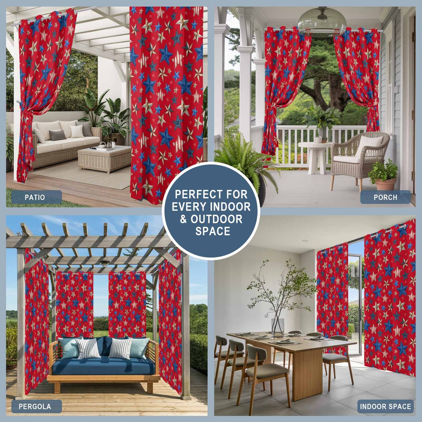 4th of July Outdoor Curtains for Patio, Mottled Usa Flag Striped Stars Memorial Day Red Sunshade Privacy Drapes Grommet Waterproof Outside Curtains for Porch/Cabana/Balcony 54"x 108", 1 Panel