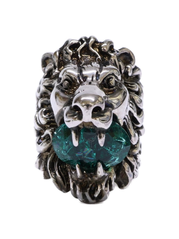 Pre-Owned GUCCI Lion Head Crystal Glass Ring, Size 13, Silver, Green, Women's
