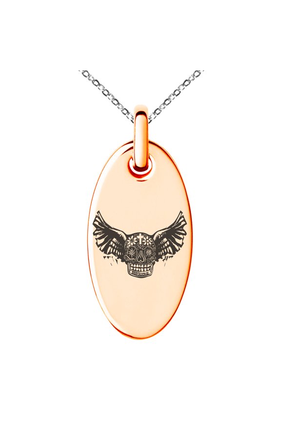 Stainless Steel Day of the Dead Winged Skull Engraved Small Oval Charm Pendant Necklace