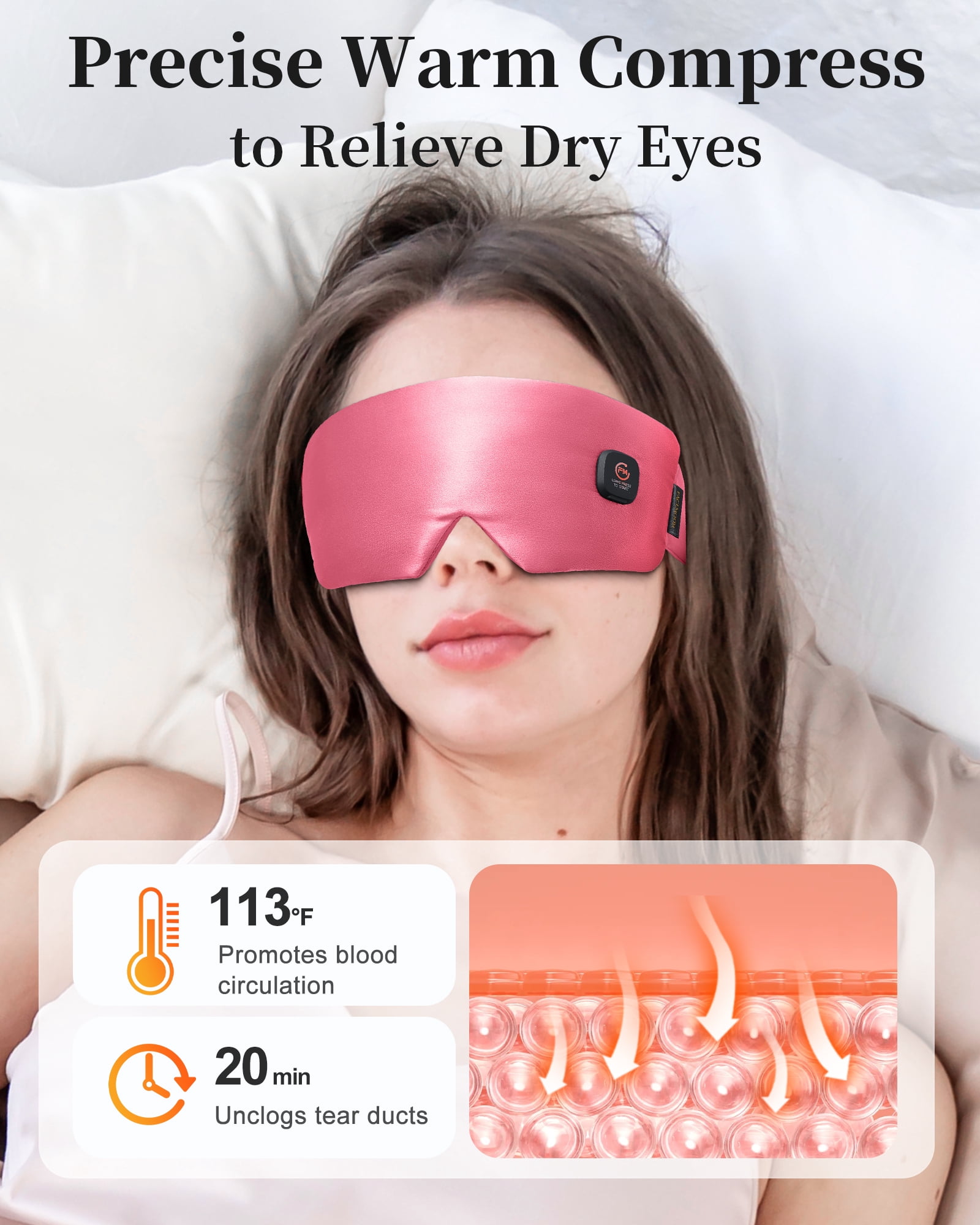 FACEMOON Rechargeable Cordless Heated Eye Mask Silk Design for Dry Eyes Comfort Moist Heat Warm Compress Washable Travel Pink