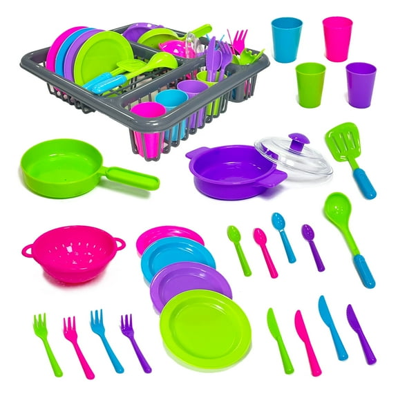Pretend Play Dishes Cookware Set,Childrens tableware role-playing toys,28 Pcs Childrens Durable Tableware Playset with Drainer