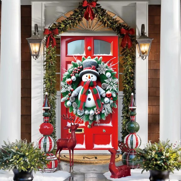 FastXmas Merry Christmas Door Cover Christmas Hanging Banner Cloth Polyester Xmas Door Christmas Door Entryway Backdrop Decorations for House Wall Door Winter Holiday Party Supplies, 35 X 71 Inch
