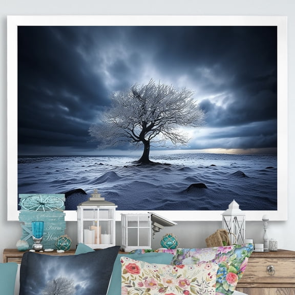 Designart "Winter Tree In Black And White Photography" Tree Picture Framed Wall Art Living Room
