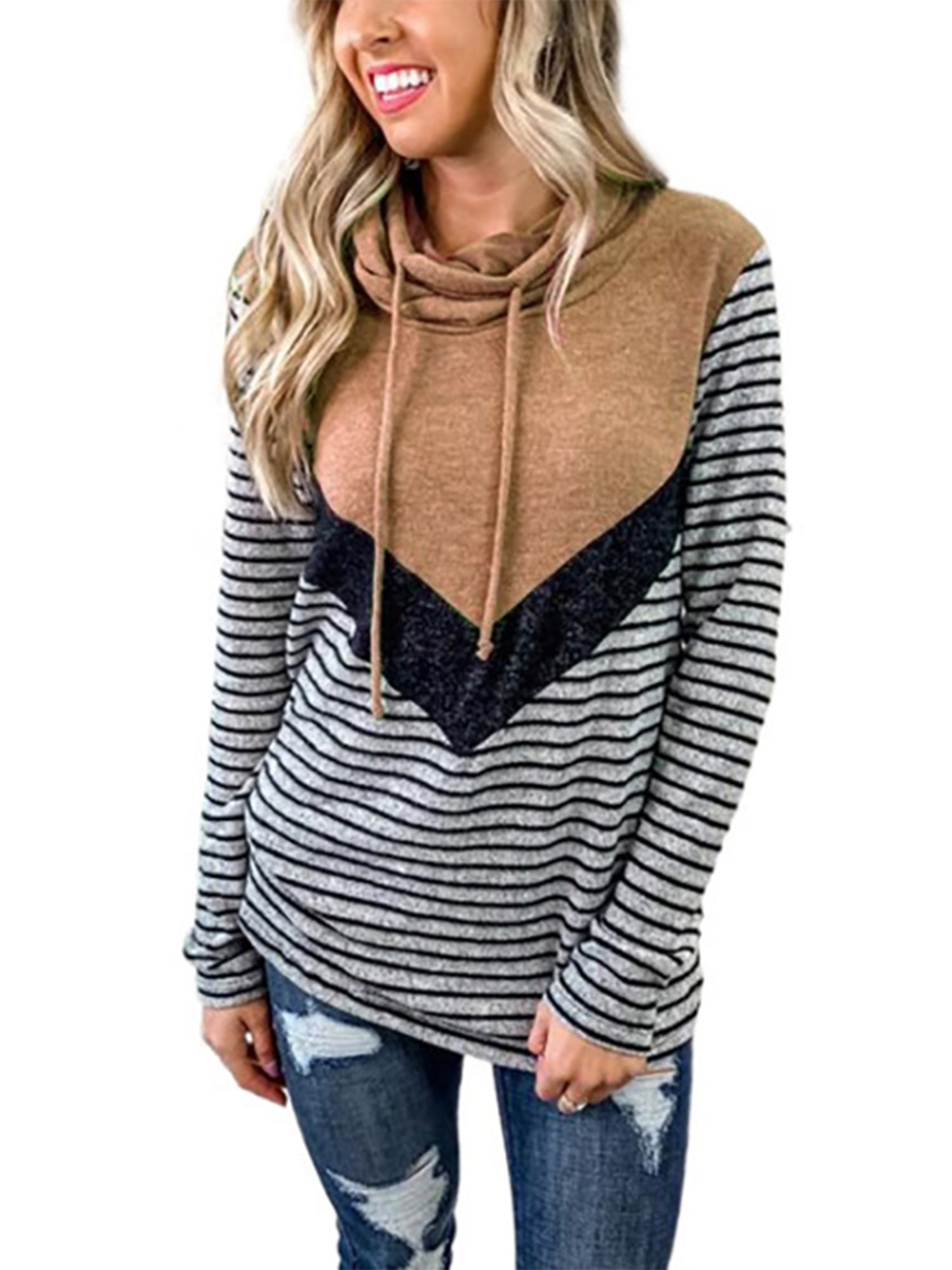 HOTAPEI Women Cowl Neck Drawstring Sweatshirts Striped/Color Block Long Sleeve Pullover Tops with Pockets