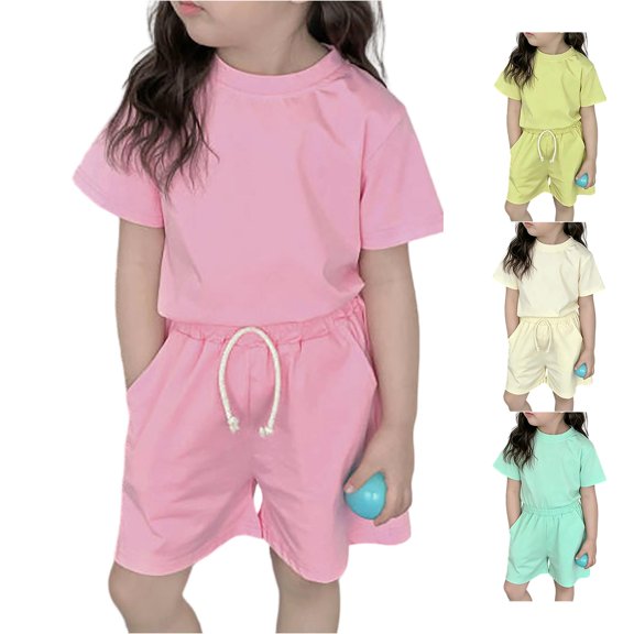 OSOLU Children Girls Outfits Soft Short Sleeve Crew Neck T-Shirts and Shorts Loungewear 2 Piece Pants Home Wear Trendy Travel Clothing Sets
