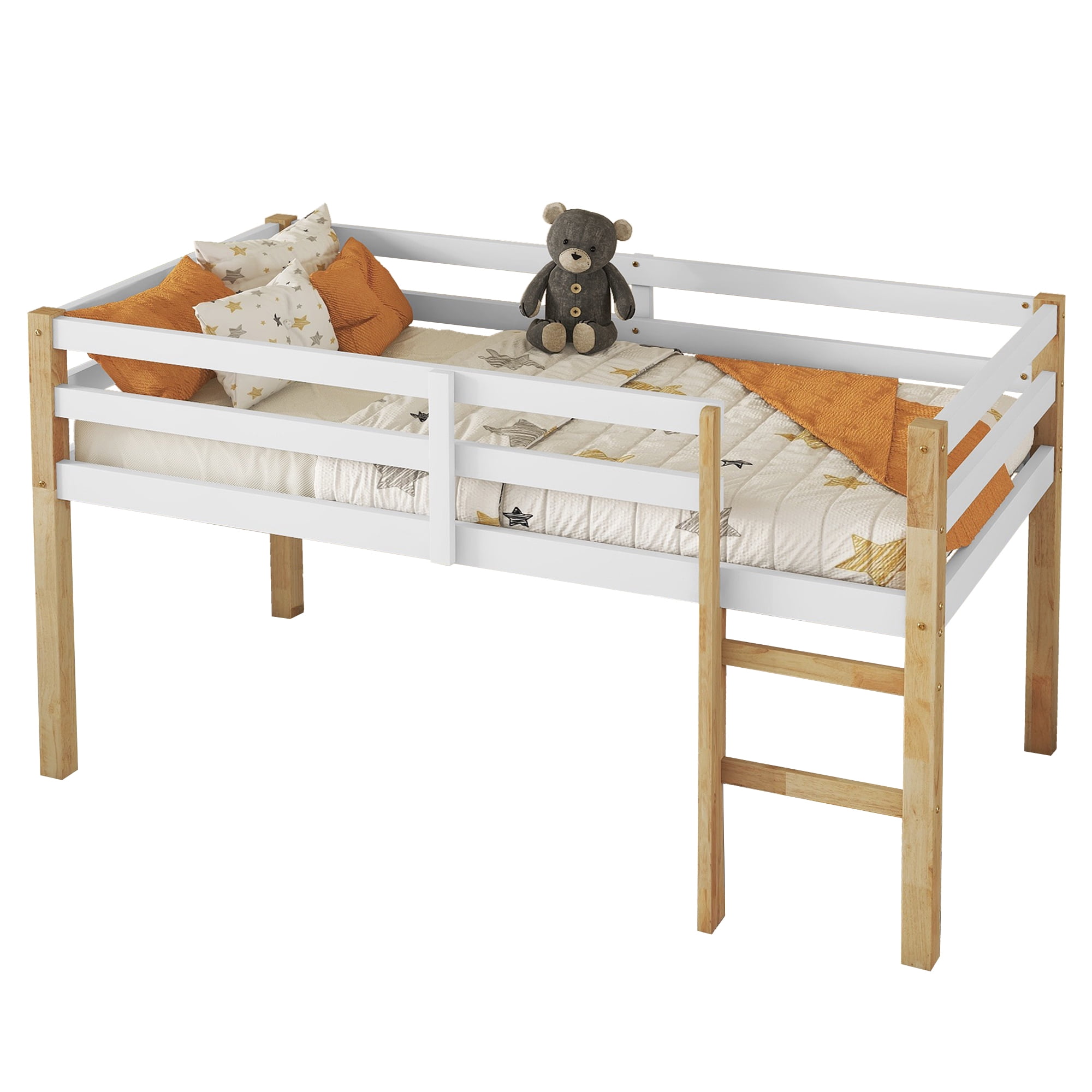 Aukfa Rubber Wood Twin Loft Bed with Ladder for Kids Girls Boys, Strengthened Slats, Natural/White