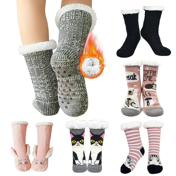 ZFSOCK Sherpa Slipper Socks for Women with Grip Non Slip Fuzzy Fluffy Winter Cozy Cabin Warm Fleece Soft Home Socks, Black
