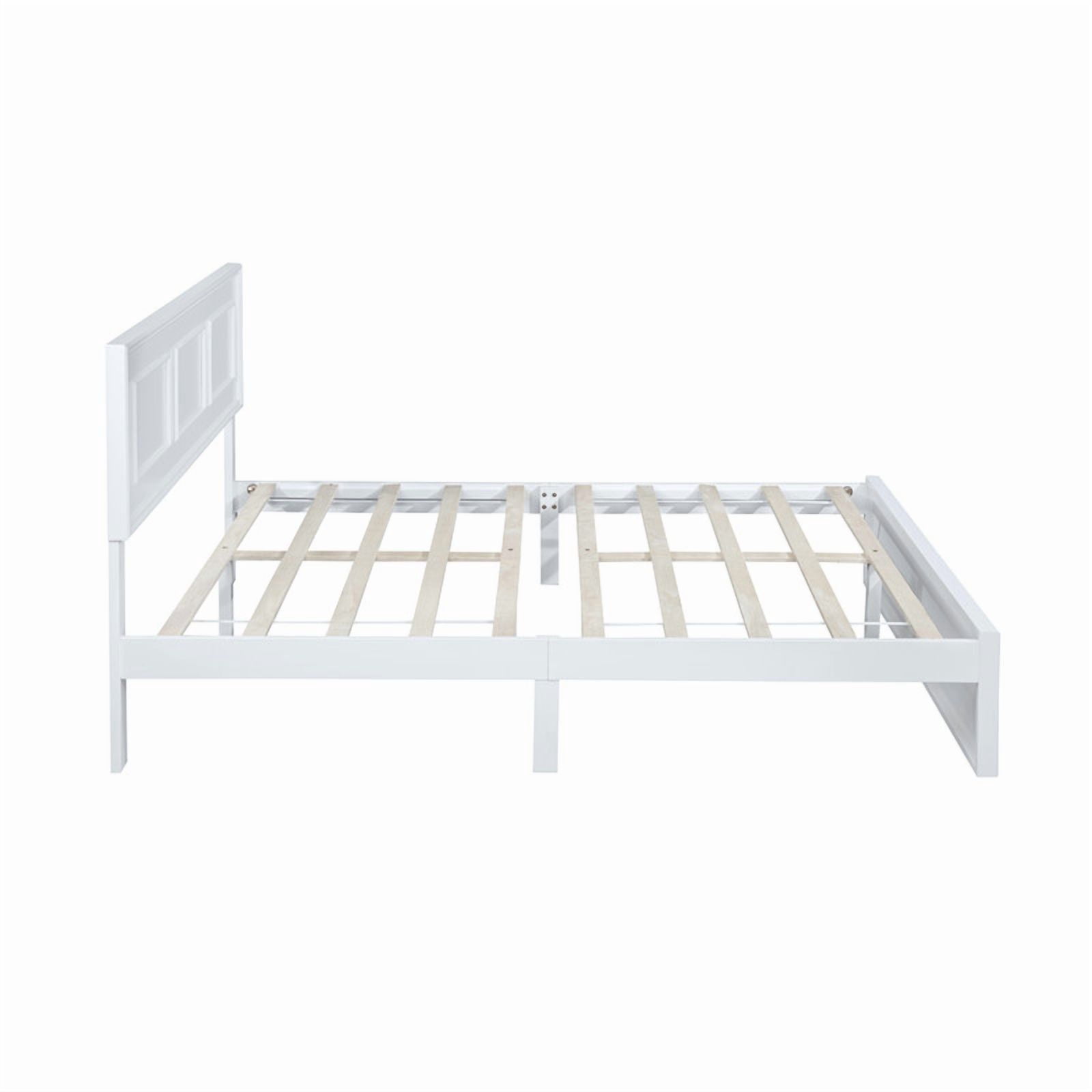 Vintage Queen Size Platform Bed with Adjustable Height Headboard, Wooden Low-Profile Bed Frame with Under-Bed Storage