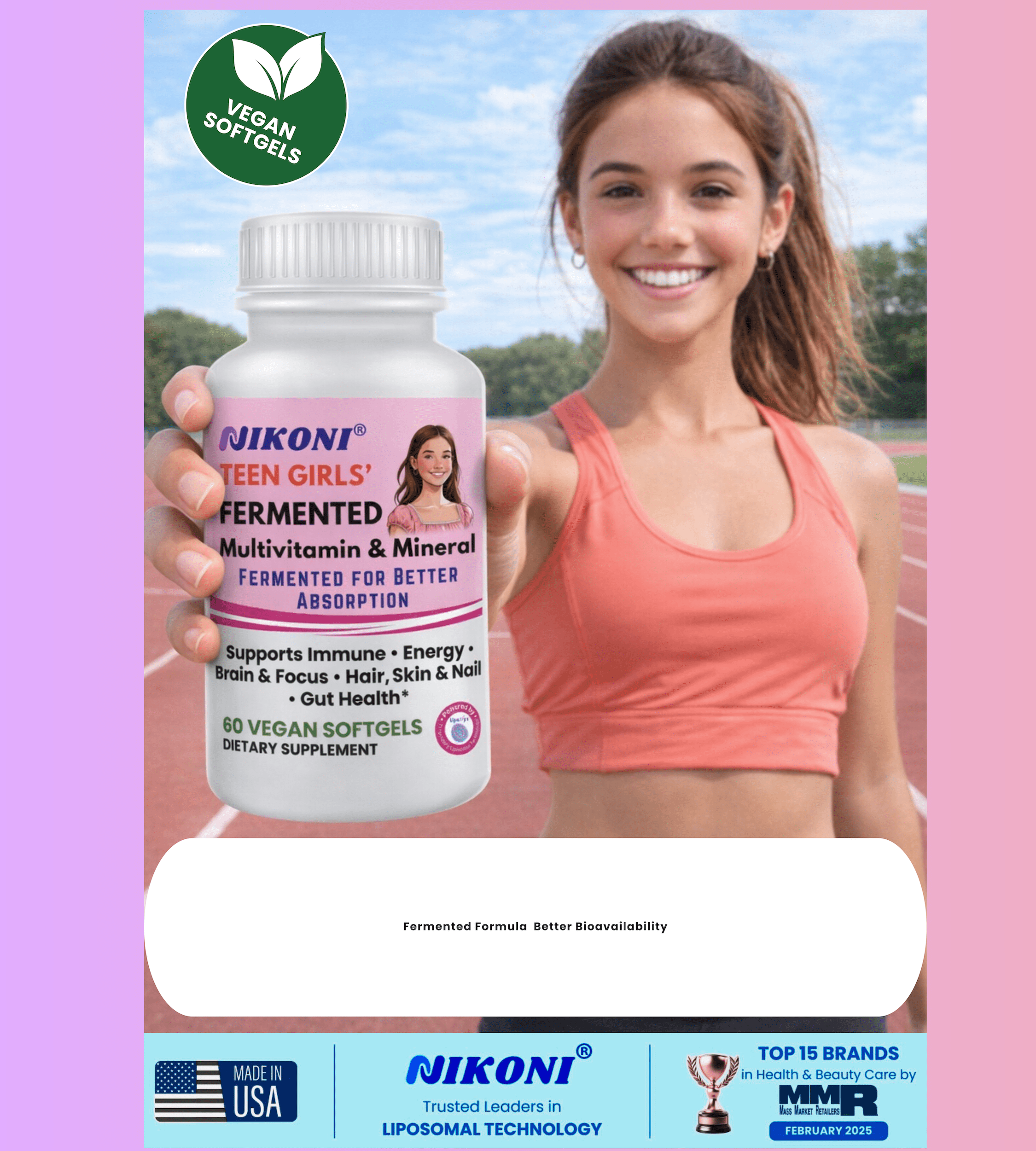 Nikoni Teen Girls' Fermented Multivitamin Mineral Vegan Softgels for Better Absorption 60 Count