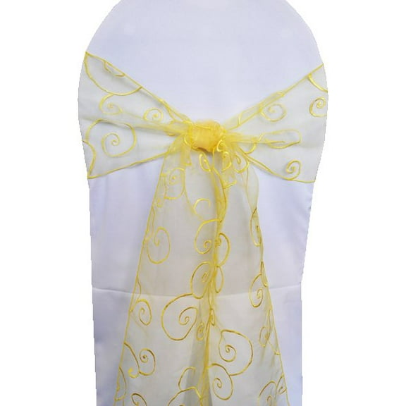 Wedding Linens Inc. (10pcs) 8'' x 108'' Embroidered Organza Sheer Chair Sashes Chair Bow Ties - Canary Yellow