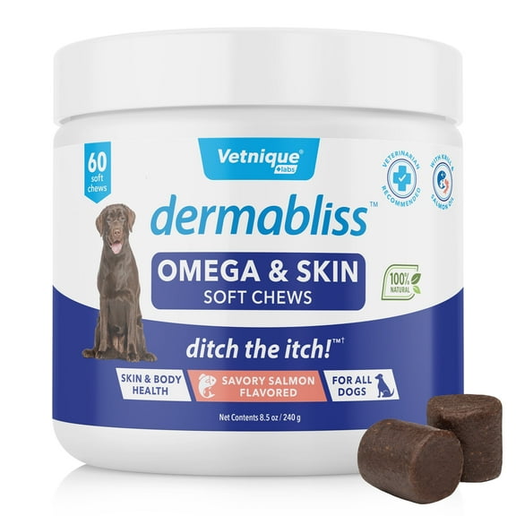 Vetnique Labs Dermabliss Omega & Skin Soft Chews, for All Dogs, Savory Salmon Flavored, 60 Count