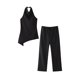 thumbnail image 3 of HH TRAF Conjunto de 2 piezas de moda para mujer, informal, sin mangas, cuello halter, parte superior sin espalda y pantalón ancho recto con cordón sólido para mujer, 3 of 4