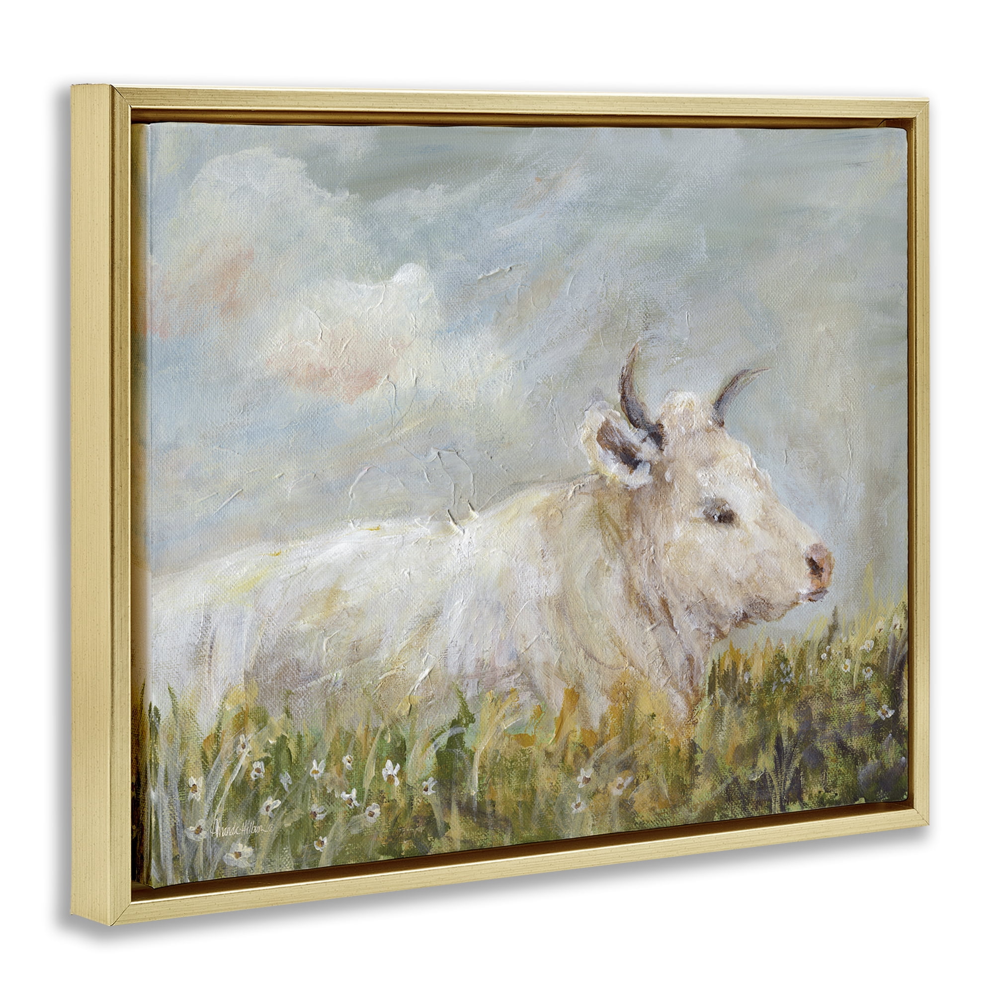 Stupell Industries Subtle Cattle Sun Bathing Animals Painting Gold Floater Framed Canvas Art Print Wall Art, 31 x 25