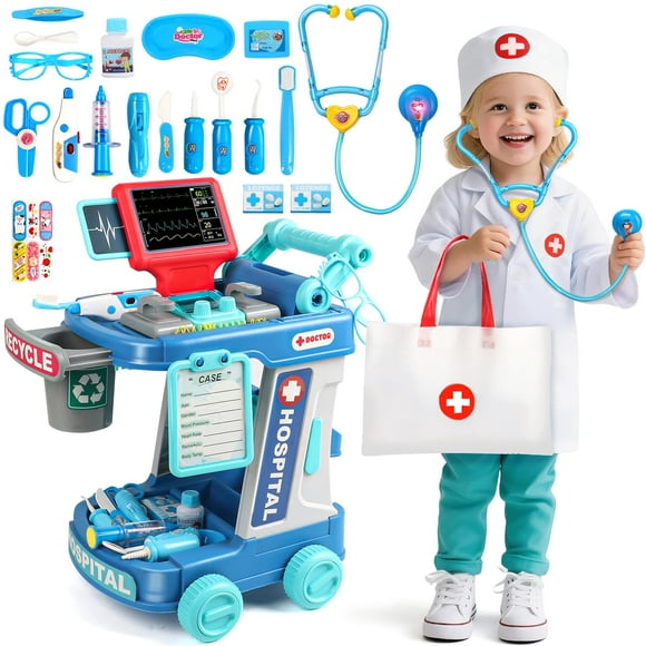 Trousse de Docteur Jouets pour Enfants pour Fille Garçon de 3 Ans 28 Pcs Trousse de Dentiste Jeu d'Imitation Costume de Docteur Ensemble Chariot Déguisement Trousse Médicale Jeu de Rôle pour Filles de 3 4 5 Ans Tout-Petit Chris